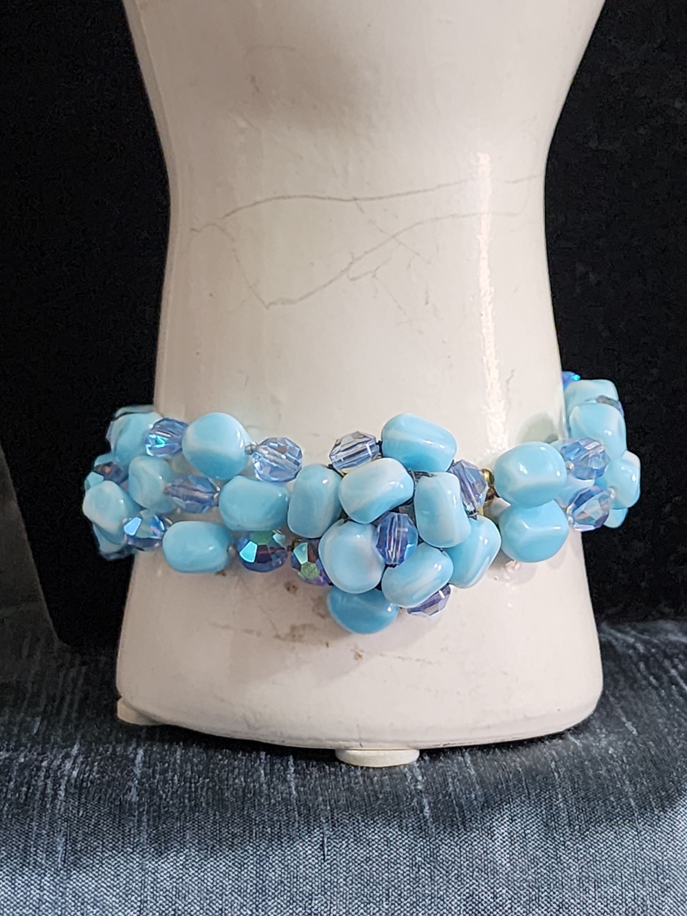 Vintage Signed VOGUE Blue Glass Bead Cluster Bracelet Aurora Borealis